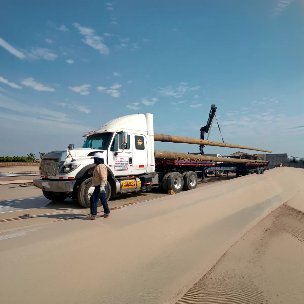 Tracto con plataforma cargada de tubos de gran longitud