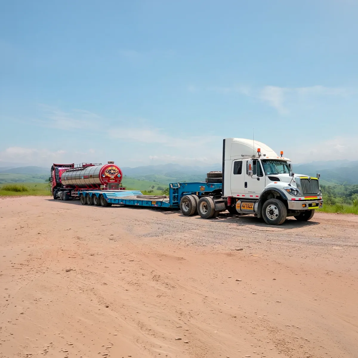 Tracto con cama baja transportando un tanque cilíndrico de gran tamaño